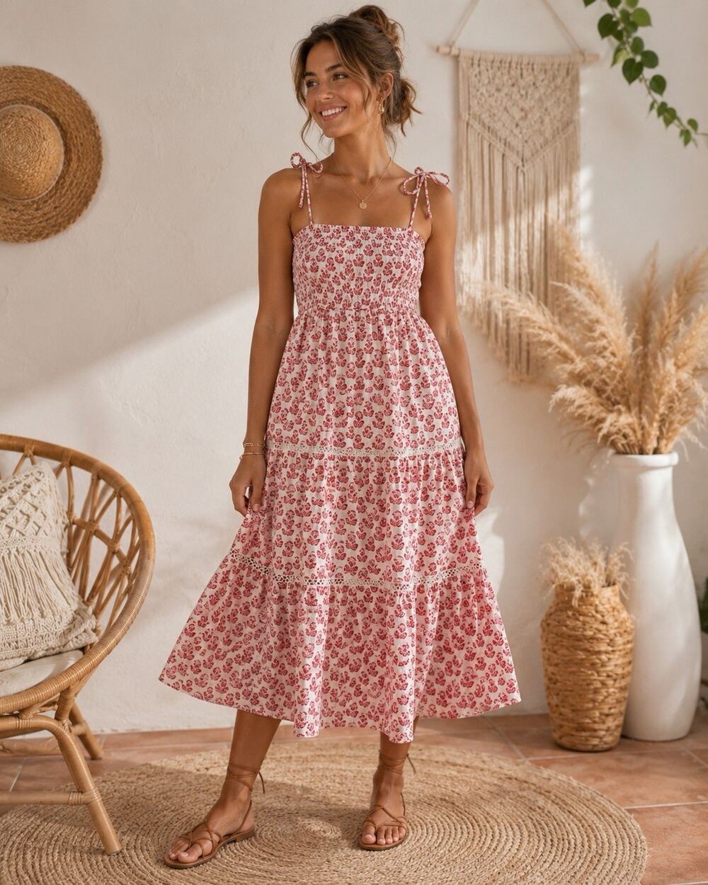 Roller Rabbit x Target Tiered Maxi Dress Large Red Floral Smocked Boho